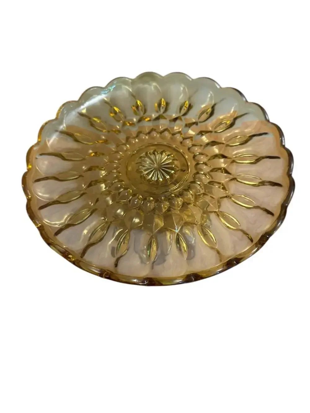 Vintage Amber Glass Pedestal Compote Cake Stand Scalloped Serving Bowl 10 Inch